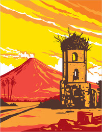 Mayon Volcano Cagsawa Ruins Bell Tower Albay Philippines WPA Art Deco Poster