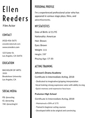 Free Acting Resume Templates Adobe Spark