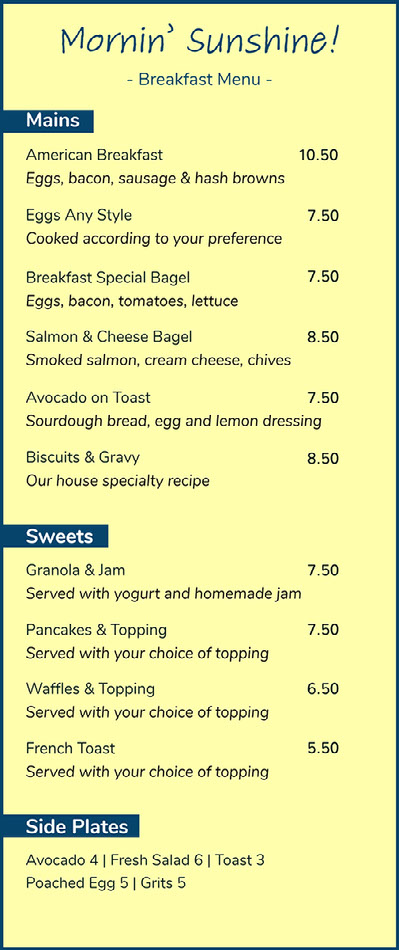 Menu breakfast sale