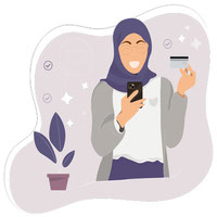 muslim girl with a bank card in her hand flat illustration