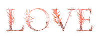 Word LOVE with burnt orange leaves with copper shine